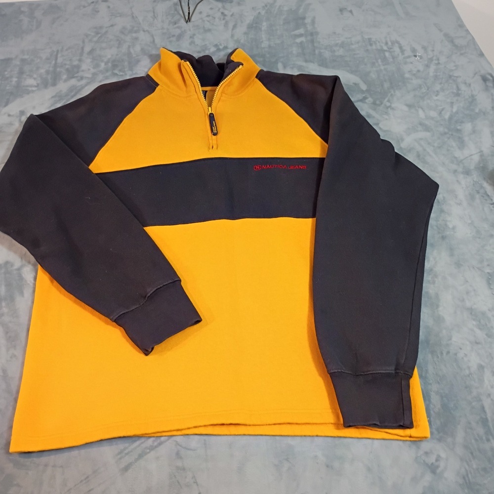 Nautica Jeans Co Mens Large Yellow N Blue Colorblock Quarter Zip Sweatshirt Y2K